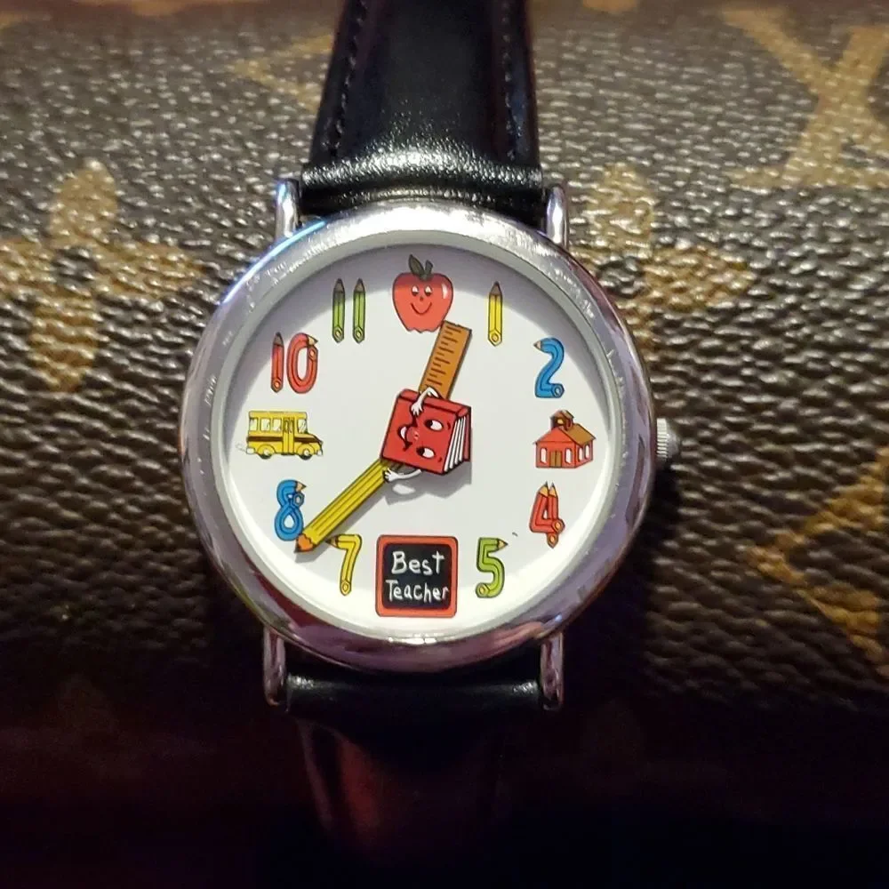 Best Teacher Rotating Book Analog Watch Black Vegan Leather Band School Bus